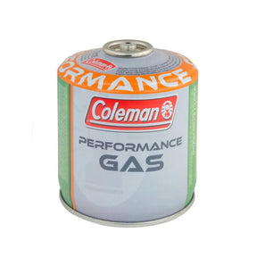 Coleman Performance Gas cartridge, with orange, white, and gray colors, valve with screw valve, designed for camping stoves and lamps.