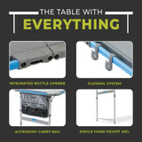 Core Equipment 4 Foot Outdoor Table with FlexRail — dimensions graphic around 50 x 26 in and 8 height settings.