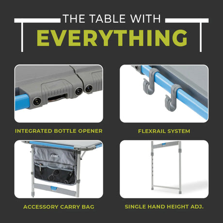 Core Equipment 4 Foot Outdoor Table with FlexRail — dimensions graphic around 50 x 26 in and 8 height settings.