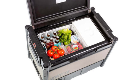 ARB Zero Portable Fridge Freezer Dual Zone - 69L open with beverages and vegetables inside