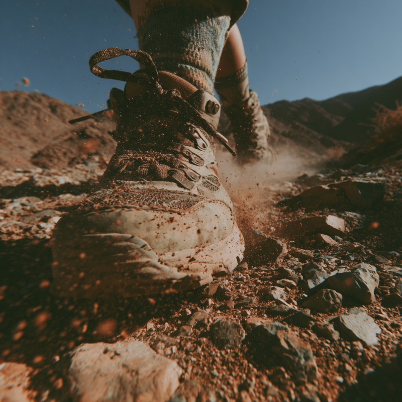 Close-up of a hiking boot on a rocky trail with mountains in the background