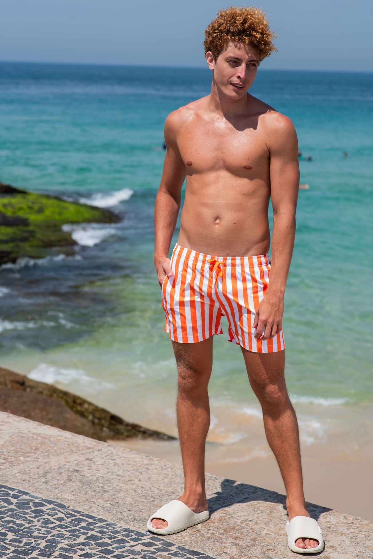 Classic Swim Shorts Orange / White Stripes - Men