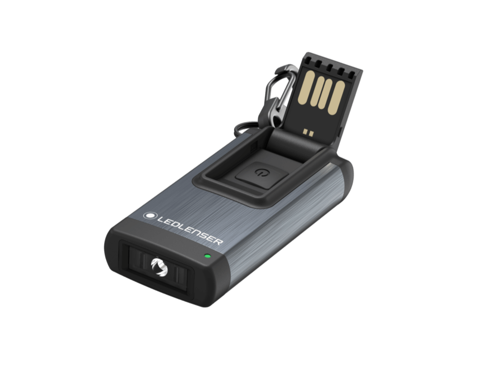 Ledlenser Flashlight K4R Rechargeable Keychain Light with USB charging port, compact and portable design.