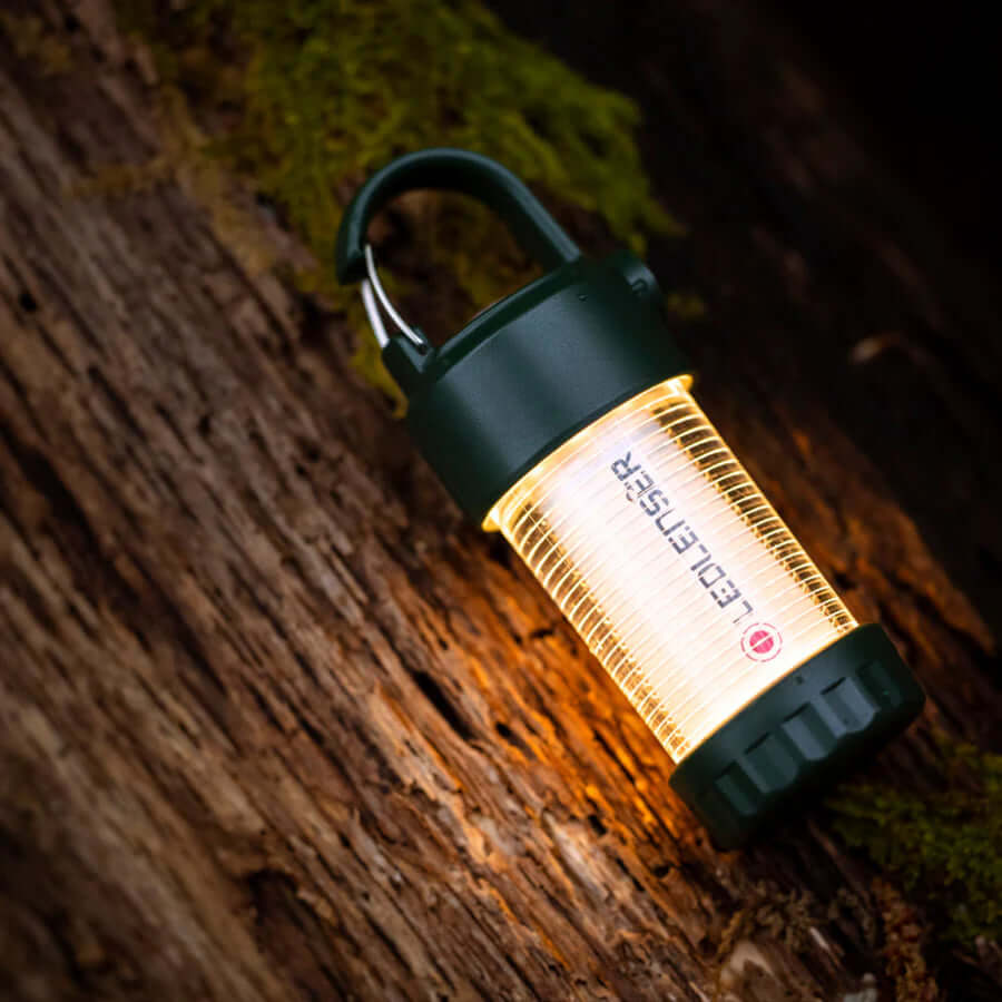 Ledlenser Lantern ML4 Warm Light Green Limited Edition hanging outdoors, showcasing its compact design and bright illumination.