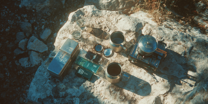 Camping cookware set on a rocky surface