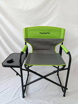 Excelsior Folding Director Chair with vibrant green accents and side table for outdoor comfort.