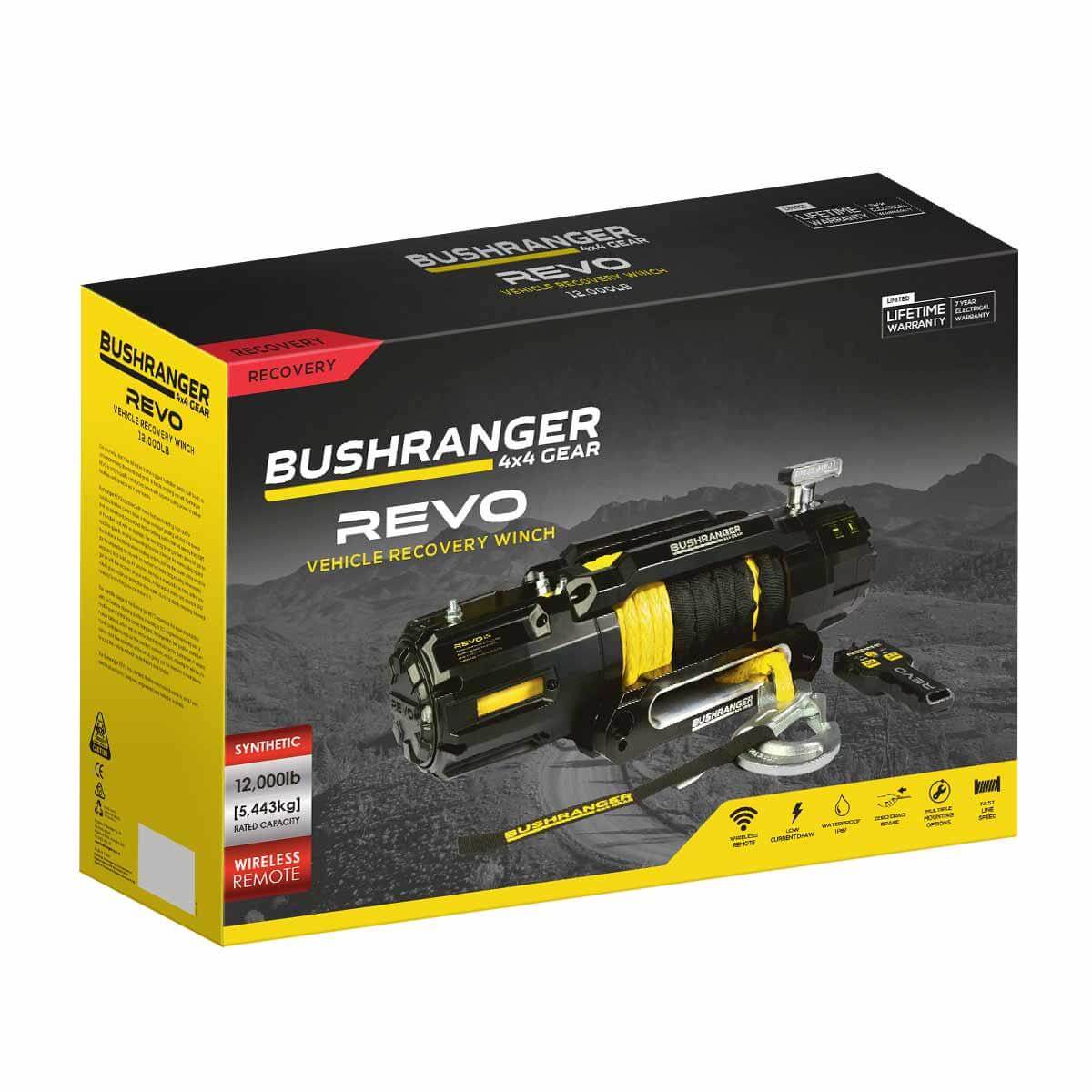 Bushranger REVO Winch 12000lb Synthetic Rope packaging for 4x4 recovery