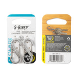 Nite Ize S-Biner Dual Carabiner - Stainless Steel packaging with keys
