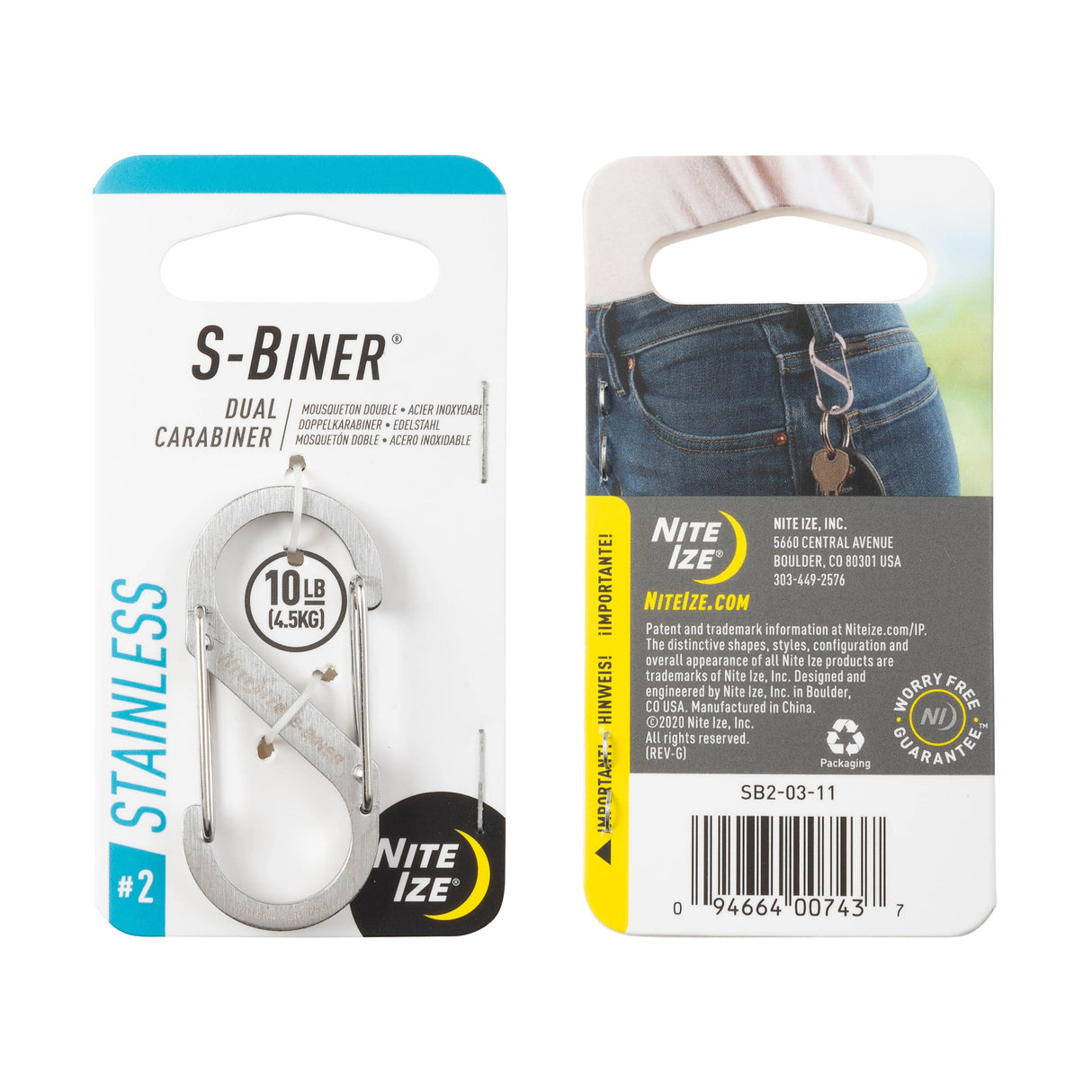 Nite Ize S-Biner Dual Carabiner - Stainless Steel packaging front and back view on display