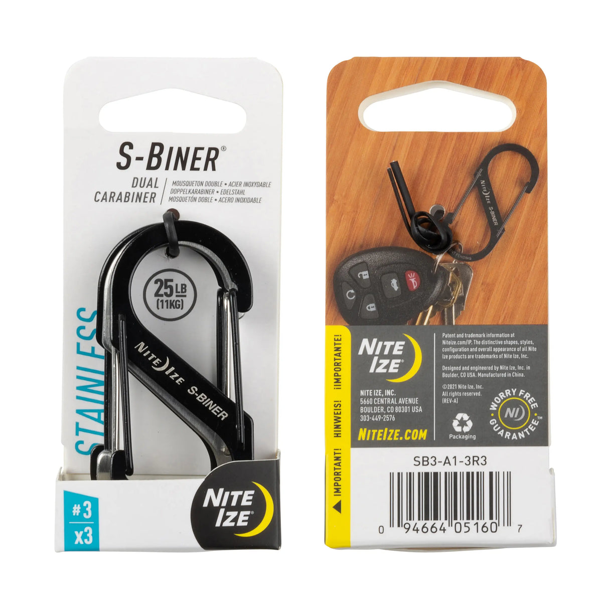 Nite Ize S-Biner Dual Carabiner Clip in packaging, stainless steel, shown with key attachment, model 3, 25lb capacity.
