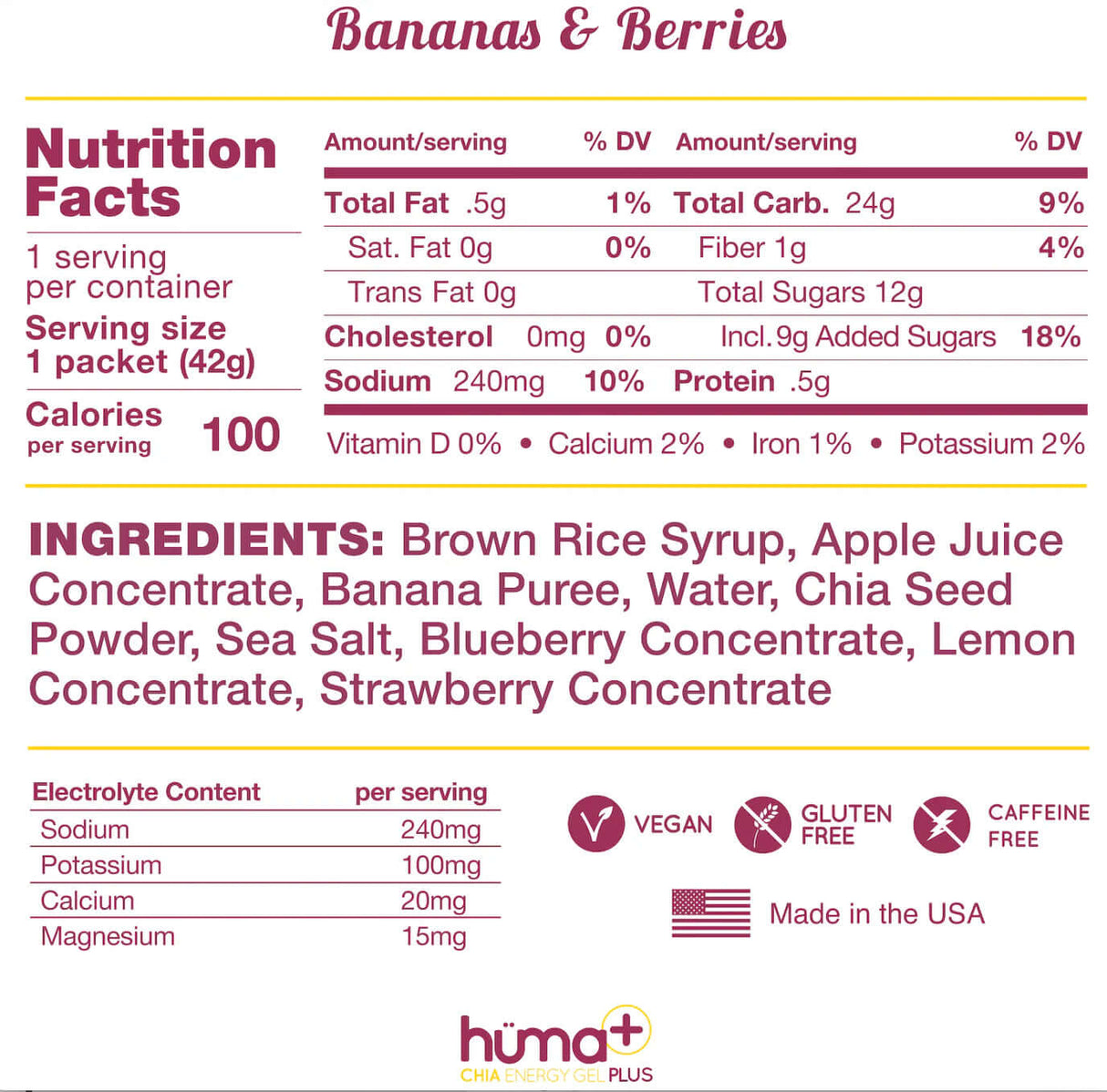 Huma Chia Energy Gel Plus - Bananas & Berries - 42g
