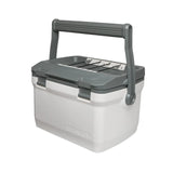 Portable gray cooler with a handle.