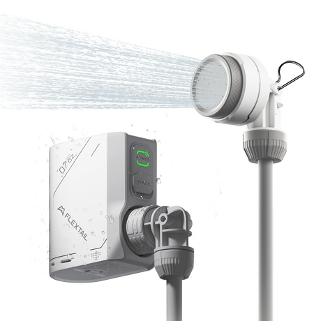 Flextail Tiny Shower portable pump and shower head front view.