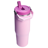 Pink Stanley IceFlow Flip Straw Tumbler 30 oz with handle and flip straw, double-wall insulation for long-lasting cold beverages.