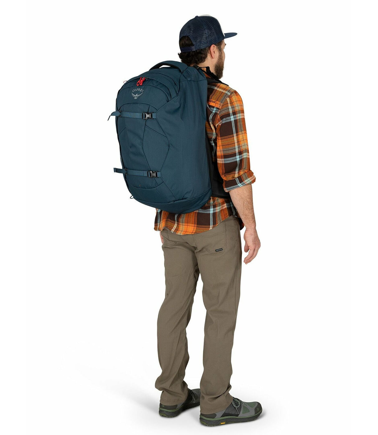 Man wearing Osprey Farpoint 40 Travel Pack - Men, shown as carry on backpack, featuring adjustable fit and comfort for travelers.