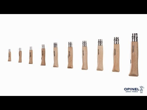 Opinel Traditional Stainless Steel Knife sizes displayed in a row, showcasing the smart and safe Virobloc® safety ring feature.