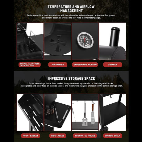 Royal Gourmet 30-Inch Barrel Charcoal Grill with Front Basket - Outdoor BBQ