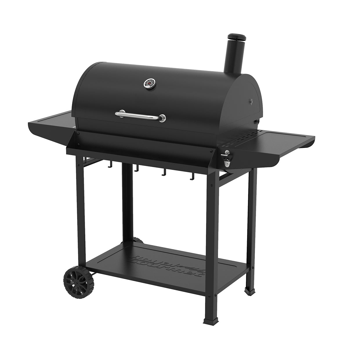 Royal Gourmet 30-Inch Barrel Charcoal Grill with Front Basket, black, side view with convenient storage space.