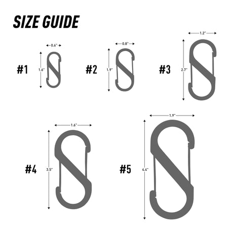 Size guide for Nite Ize S-Biner Dual Carabiner in stainless steel showing dimensions for different sizes.