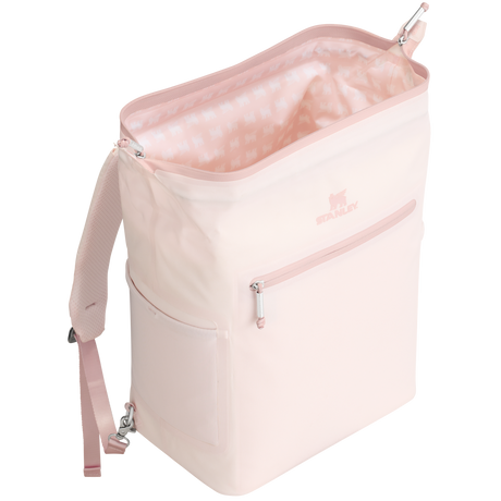 Stanley All Day Madeleine Midi Cooler Backpack 14L open hinge top showing interior - Rose Quartz Color