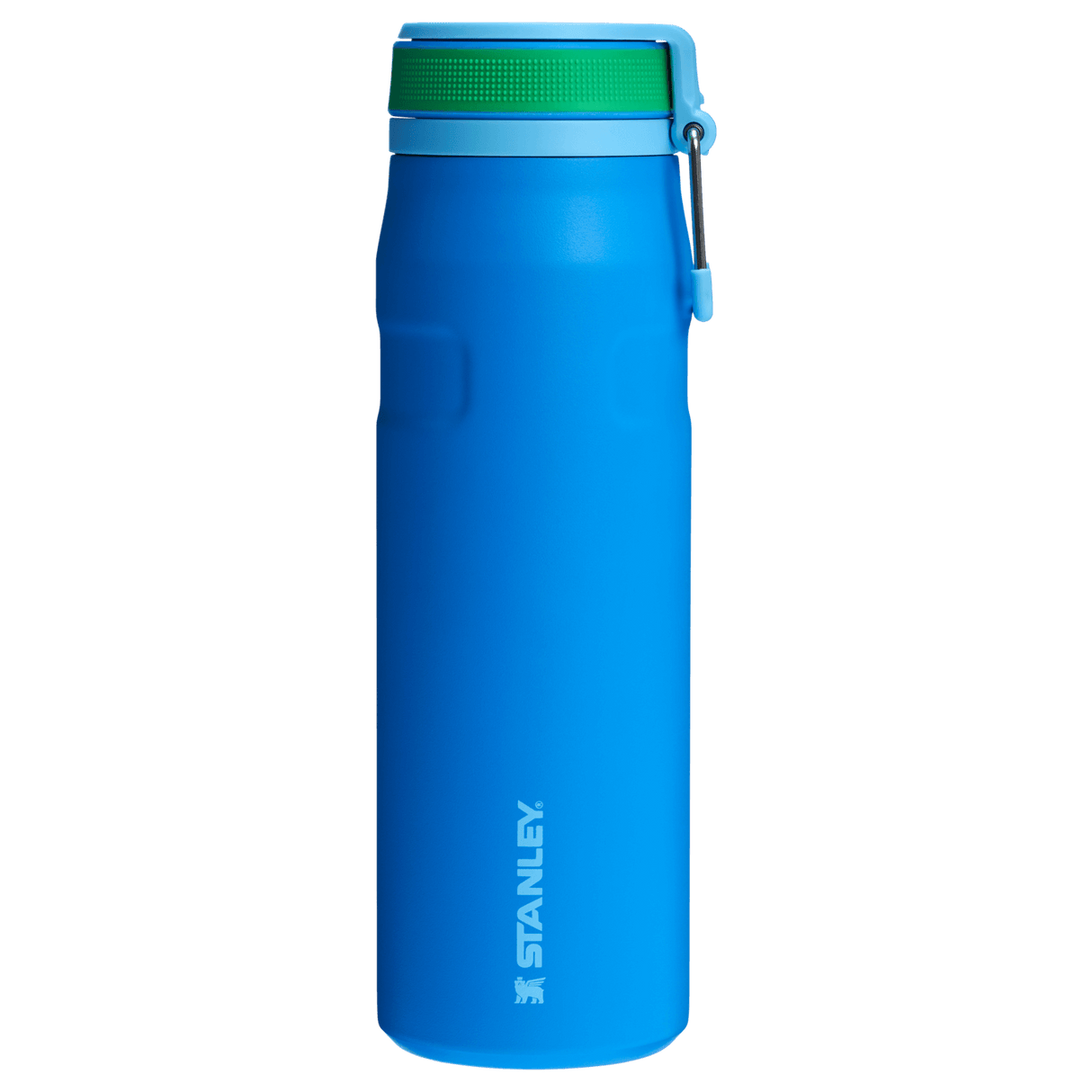 IceFlow Bottle with Twist Flip Lid - 24 oz / 700 ml in blue color with green twist flip lid and stainless-steel carry hook.