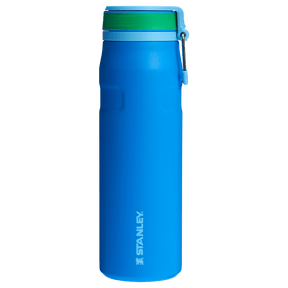 IceFlow Bottle with Twist Flip Lid - 24 oz / 700 ml in blue color with green twist flip lid and stainless-steel carry hook.