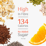 Veloforte Orange and Cacao Oat Snack Bar ingredients with text highlighting high fiber and no added sugar