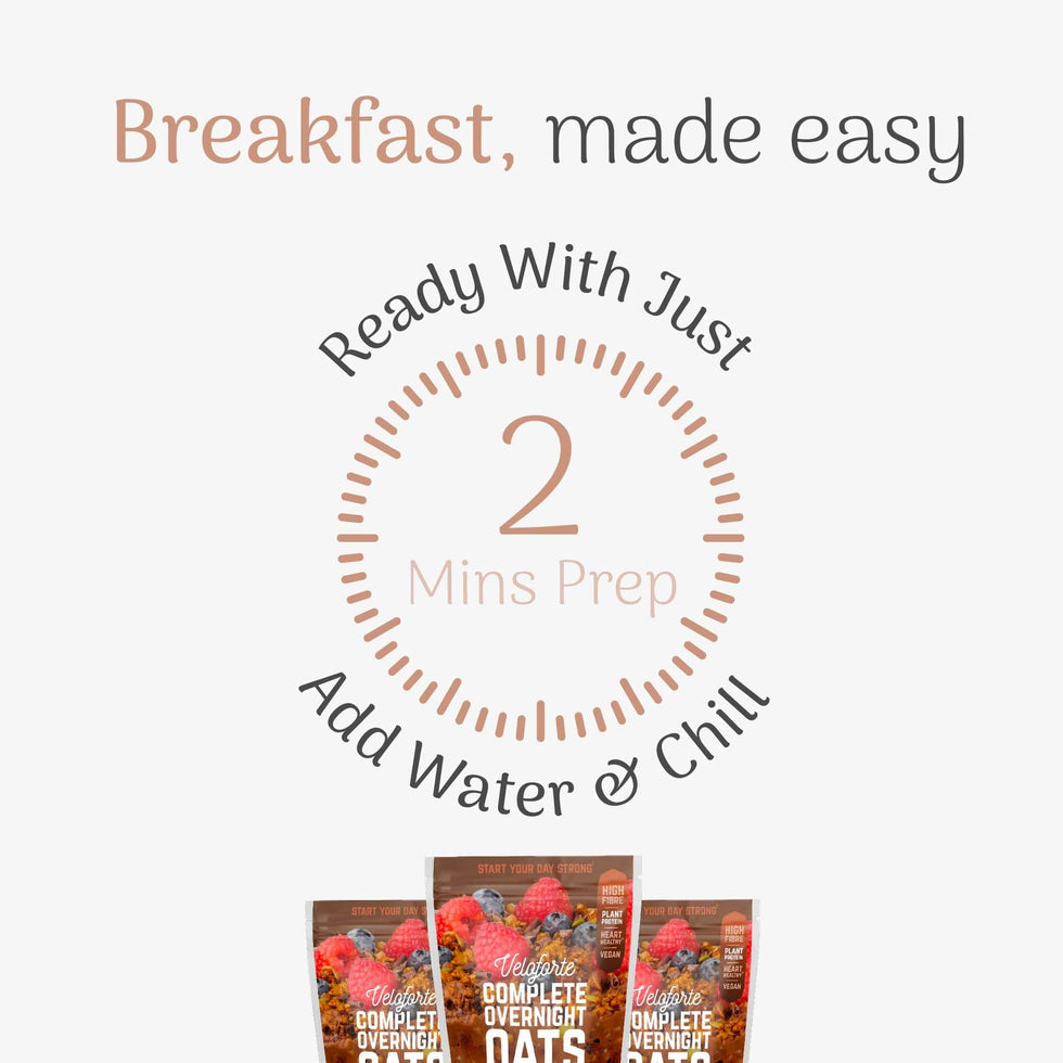 Veloforte Smooth Cocoa Complete Overnight Oats packaging with text about easy breakfast prep in 2 minutes