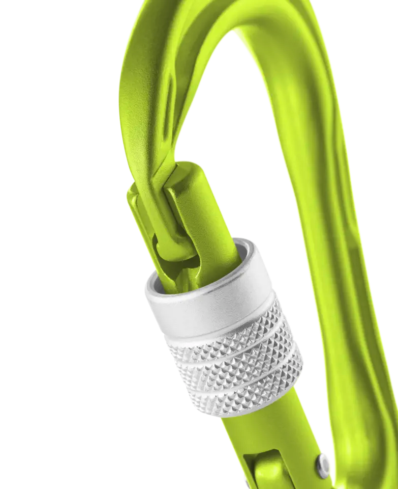 Edelrid HMS Strike Screw Locking Carabiner in green, showing screwgate mechanism.