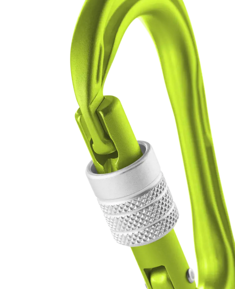 Edelrid HMS Strike Screw Locking Carabiner in green, showing screwgate mechanism.