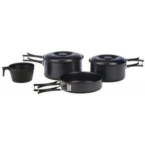 Set of black camping cookware including pots and pans.