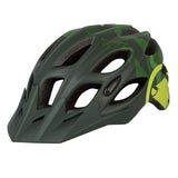 Green and black cycling helmet with ventilation holes.