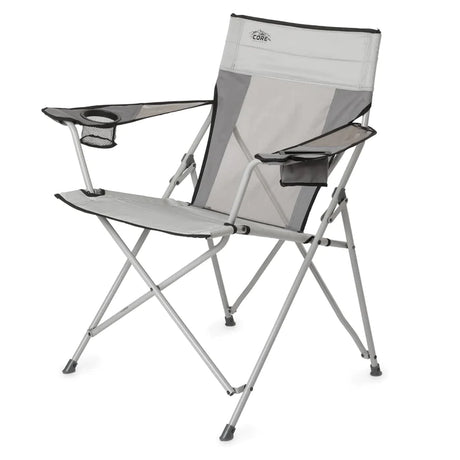 Foldable camping chair in gray color with armrests and a cup holder.