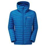 Blue insulated outdoor jacket with a hood.